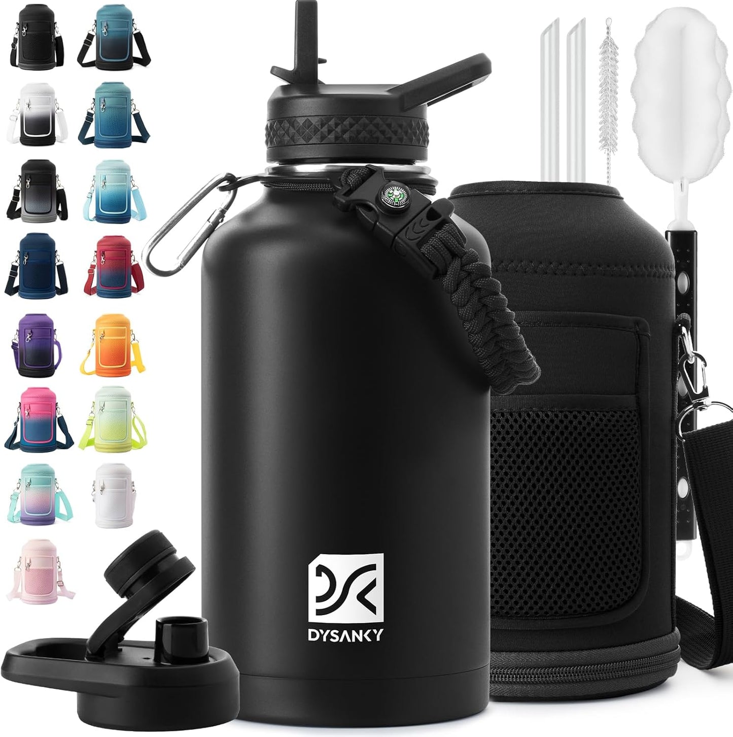 Insulated Water Bottle | Thickened Stainless Steel Vacuum Metal | Portable Sports Half Gallon Large Water Jug for Gym and Hiking with Straw, Carrier Bag, Handle Strap | Bpa-Free 64 Oz